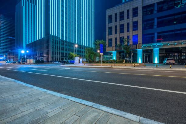 Empty Road And Modern Office Buildings Stock Photo - Download Image Now -  Night, City, Street - iStock