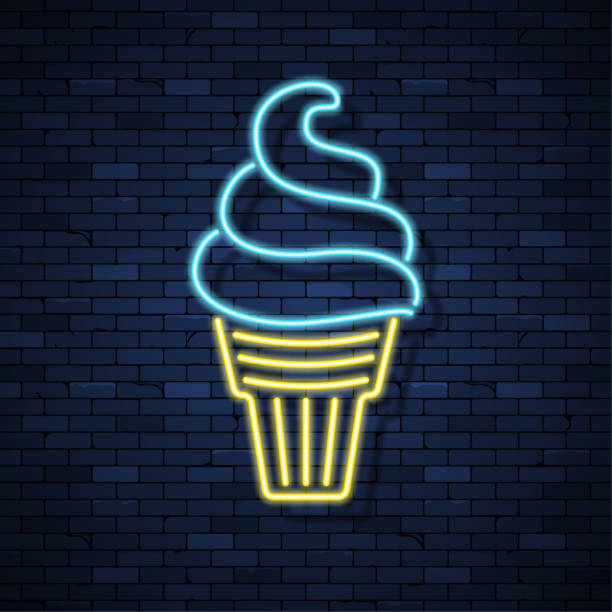 Neon sign on brick wall Ice cream glowing neon sign on brick wall background neon sign ice cream stock illustrations