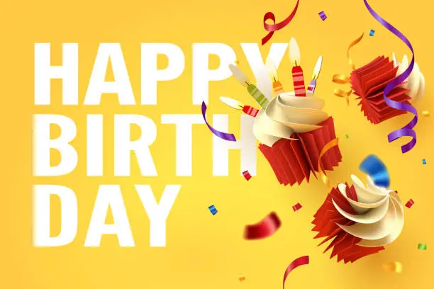 Vector illustration of Paper art of falling cupcake, Happy birthday celebrate