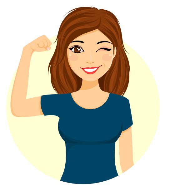 ilustrações de stock, clip art, desenhos animados e ícones de young girl posing in a strong pose showing bicep. - women white background caucasian isolated