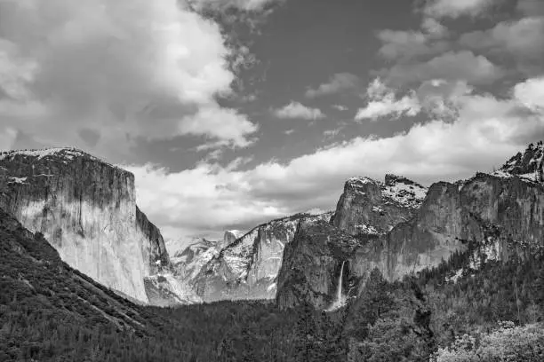 beautiful view in Yosemite valley with half dome and el capitan in winter