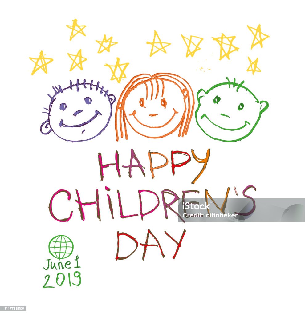 Happy Childrens Day Vector Logo With Three Funny Baby Faces And Yellow  Stars By June 1 2019 Stock Illustration - Download Image Now - iStock
