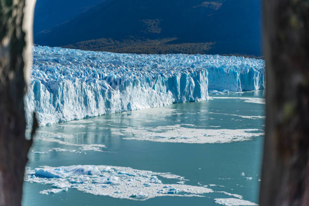 vista surpreendente da geleira de perito moreno, geleira azul do iceberg do pico da montanha através do lago azul do aqua no parque nacional de los glaciares, santa cruz, argentina, campo de gelo do sul do patagonia - glacier moreno glacier iceberg argentina - fotografias e filmes do acervo