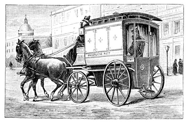 почтовый работник доставки почты в stagecoach берлин германия 1889 - working illustration and painting engraving occupation stock illustrations