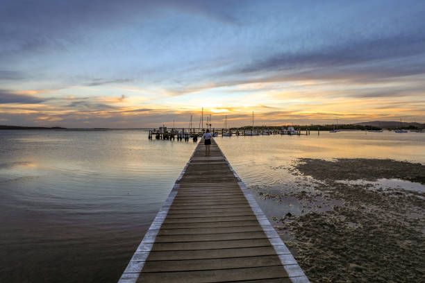 istock Timber jetty leading to sun setting over ocean at low tide 1147747092