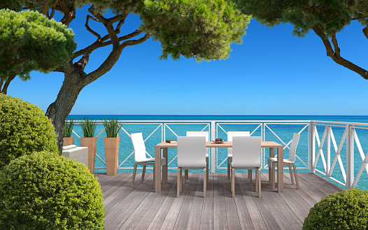 beautiful terrace surrounded by plants with a view to the mediterranen sea - fictitious 3D rendering and composite image