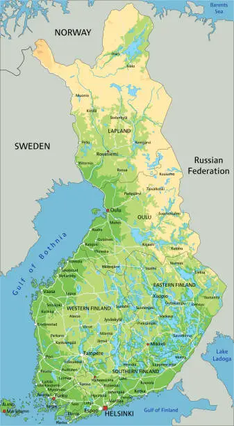 Vector illustration of High detailed Finland physical map with labeling.