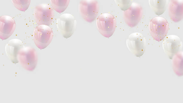 istock Celebration design with baloon color pink and white, confetti and gold ribbons. luxury greeting rich card. 1147749408