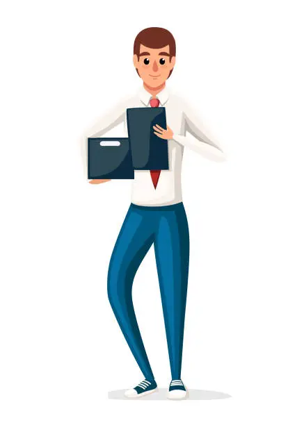 Vector illustration of Businessman holding a paper check list. Blue classic costume with red tie and white shirt. Flat vector illustration isolated on white background. Cartoon character design