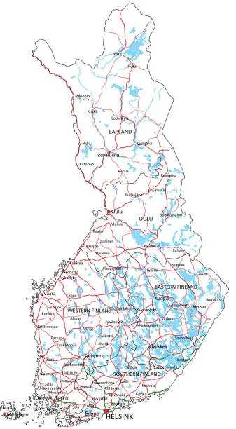 Vector illustration of Finland road and highway map. Vector illustration.