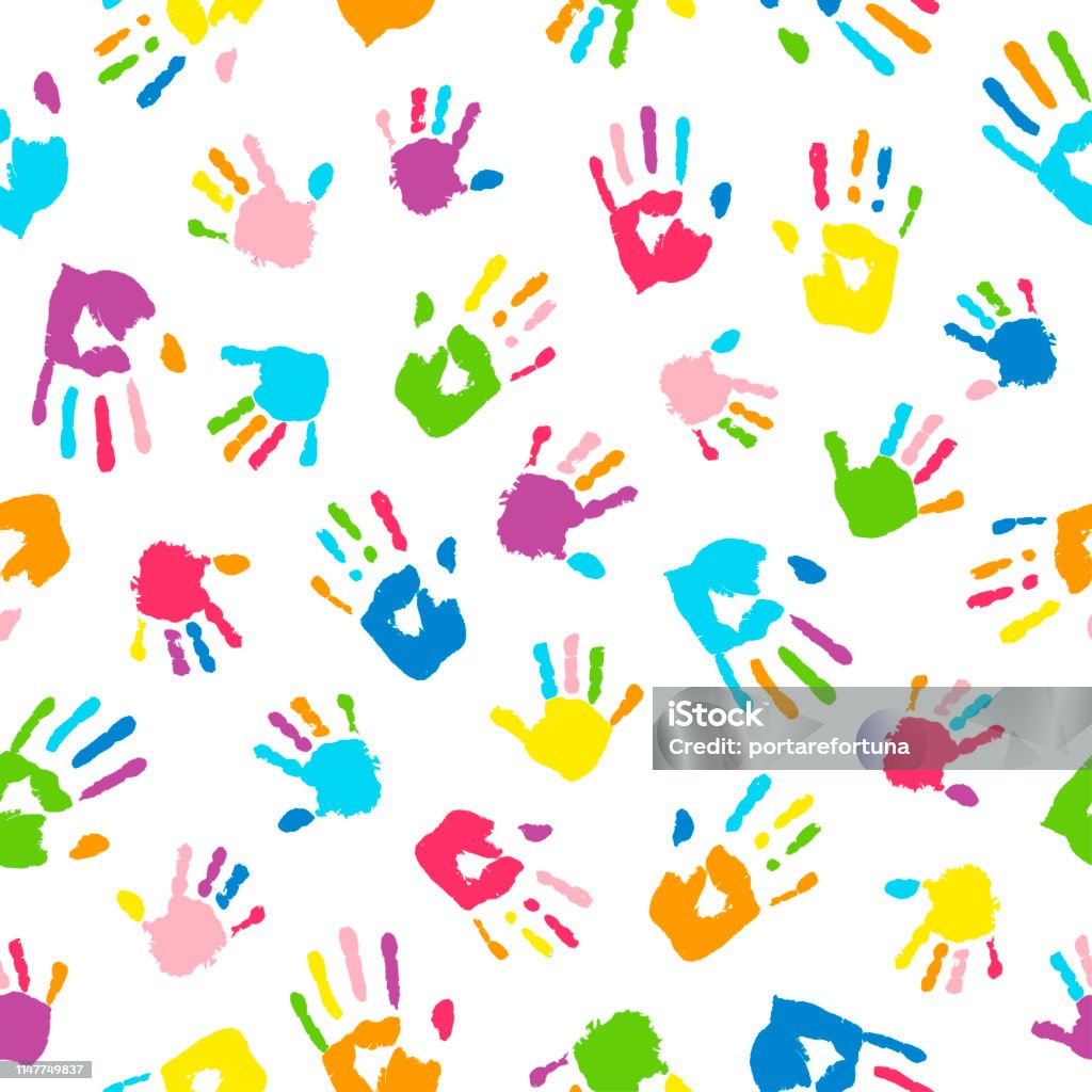 Seamless background made from colorful handprints. Palms and fingers colored in rainbow colors.  Multicolor pattern for your design. Child stock vector
