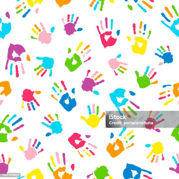 Seamless Background Made From Colorful Handprints Palms And Fingers Colored In Rainbow Colors Multicolor Pattern For Your Design Stock Illustration - Download Image Now