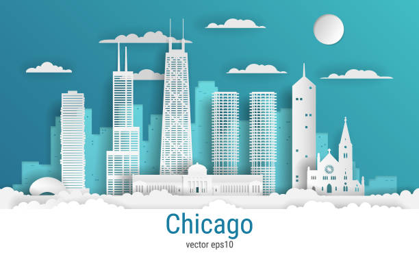 Paper cut style Chicago city, white color paper, vector stock illustration. Cityscape with all famous buildings. Skyline Chicago city composition for design Paper cut style Chicago city, white color paper, vector stock illustration. Cityscape with all famous buildings. Skyline Chicago city composition for design chicago stock illustrations
