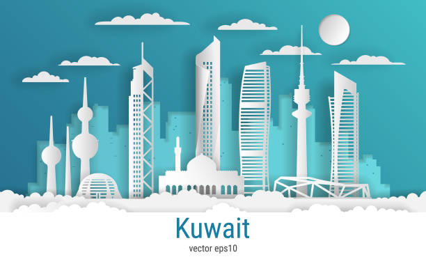 illustrations, cliparts, dessins animés et icônes de papier découpé style ville de koweït, papier de couleur blanche, illustration de stock vectoriel. paysage urbain avec tous les bâtiments célèbres. skyline koweït composition de la ville pour la conception - kuwait city