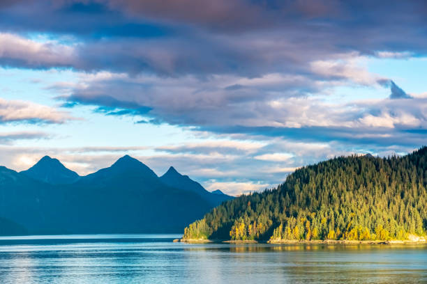 alaskan fjord mit sonnenbeleuchteter vordergrundfahrt - us glacier national park stock-fotos und bilder