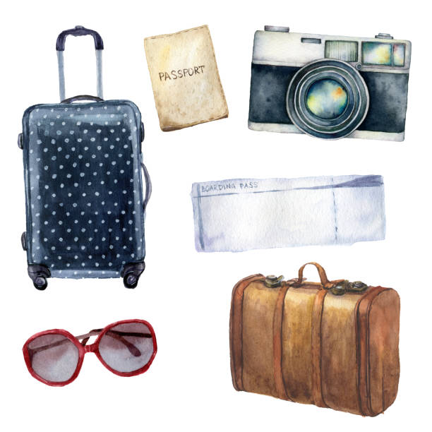 Watercolor travel set. Hand painted tourist objects set including passport, ticket, leather vintage suitcase, polka dot baggage, camera and sunglasses isolated on white background for design, print. Watercolor travel set. Hand painted tourist objects set including passport, ticket, leather vintage suitcase, polka dot baggage, camera and sunglasses isolated on white background for design, print suitcase illustrations stock illustrations