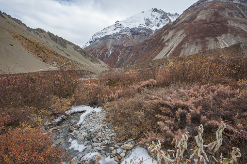 Marsjandi-Khola river valley near Tilicho base camp. Annapurna circuit trek. Himalayan mountains of Nepal