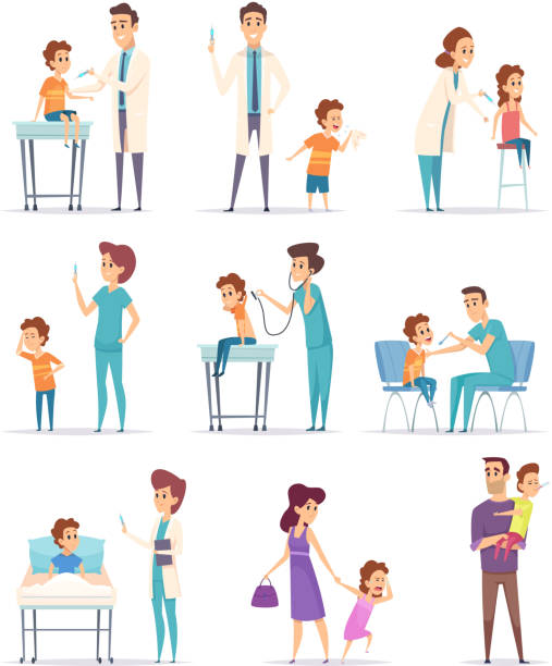 Vaccination. Childrens in hospital with doctor making injection girls and boys vector medical illustrations Vaccination. Childrens in hospital with doctor making injection girls and boys vector medical illustrations. Illustration of doctor shot injection vaccine patient patterns stock illustrations