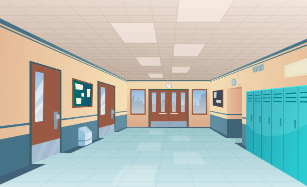 illustrations, cliparts, dessins animés et icônes de couloir de l’école. intérieur lumineux de collège de grand couloir avec la salle de classe de portes avec des bureaux sans image de dessin animé de vecteur d’enfants - secondary school building