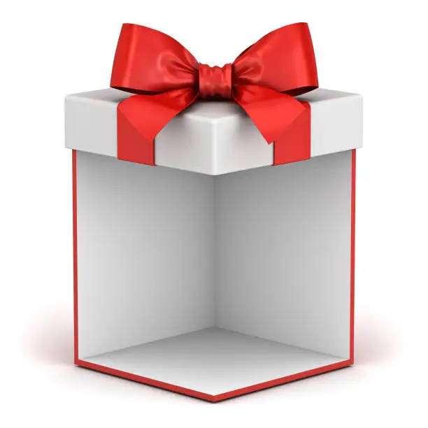 Blank gift box or present box showcase with red ribbon bow isolated on white background with shadow 3D rendering