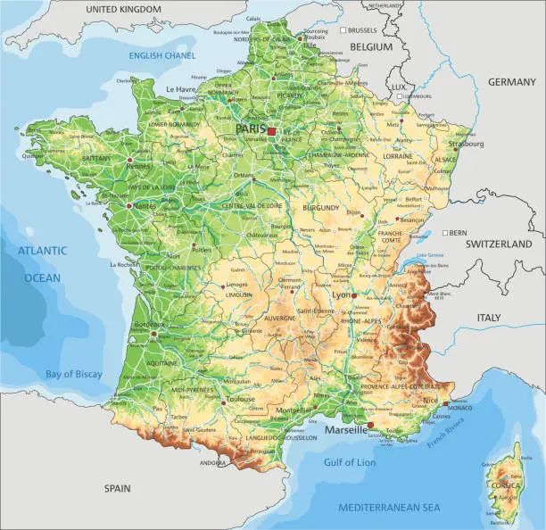 Vector illustration of High detailed France physical map with labeling.
