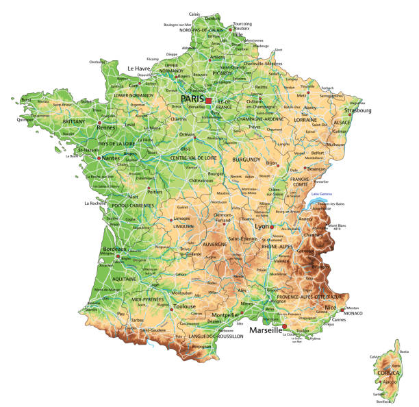 High detailed France physical map with labeling. High detailed France physical map with labeling. Organized vector illustration on seprated layers. rhone alpes stock illustrations