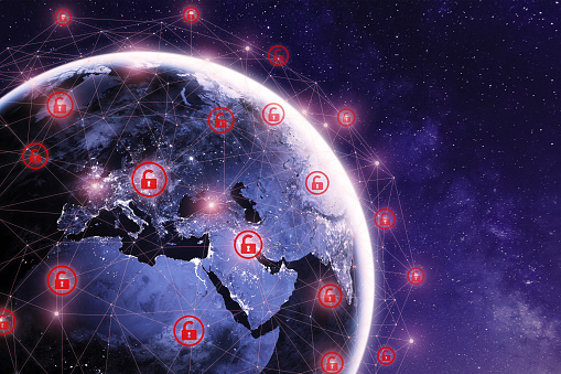 Global cyber attack around the world with planet Earth viewed from space and internet network communication under cyberattack with red icons, worldwide propagation of virus online, some elements from NASA (https://eoimages.gsfc.nasa.gov/images/imagerecords/90000/90008/europe_vir_2016_lrg.png)