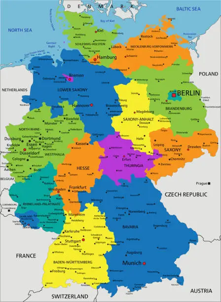 Vector illustration of Colorful Germany political map.