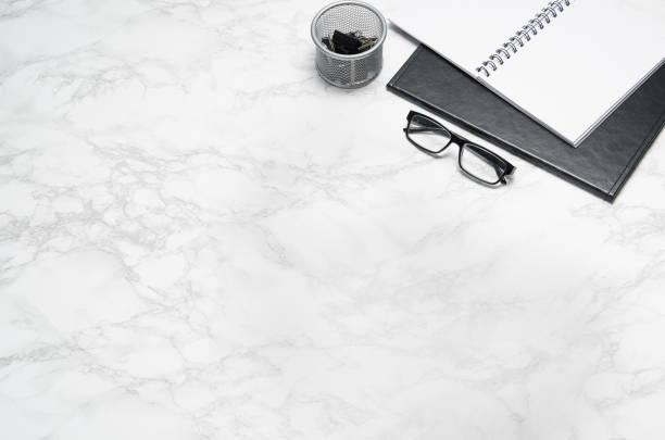 istock White office desk table with supplies copy space. Flat lay 1147760552