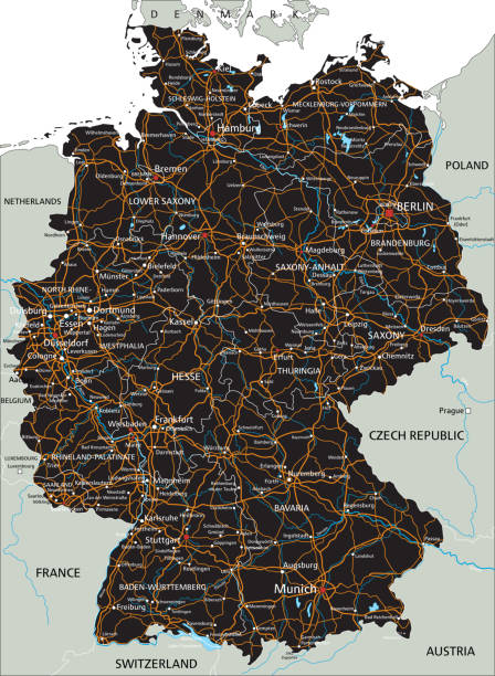 высоко детализированная дорожная карта германии с маркировкой. черный. - frankfurt oder stock illustrations
