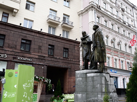 Moscow, Russia - May 08, 2019: Stanislavskiy and Nemirovich-Danchenko monument in Kamergerskiy lane