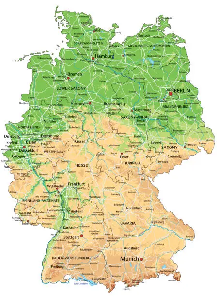 Vector illustration of High detailed Germany physical map with labeling.