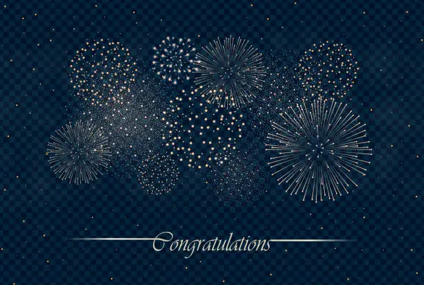 Vector illustration of Big realistic firework show isolated on transparent night sky background. Independence day concept. Congratulations background. Luxury abstract. Explosion concept. Galaxy show. Vector illustration