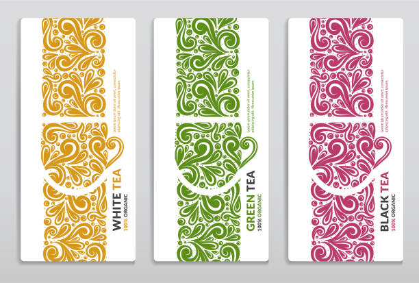 Green, yellow and red tea packaging design. Vintage vector ornament template. Elegant, classic elements. Great for food, drink and other package types. Can be used for background and wallpaper. Vector illustration Custom Invitation Boxes stock illustrations