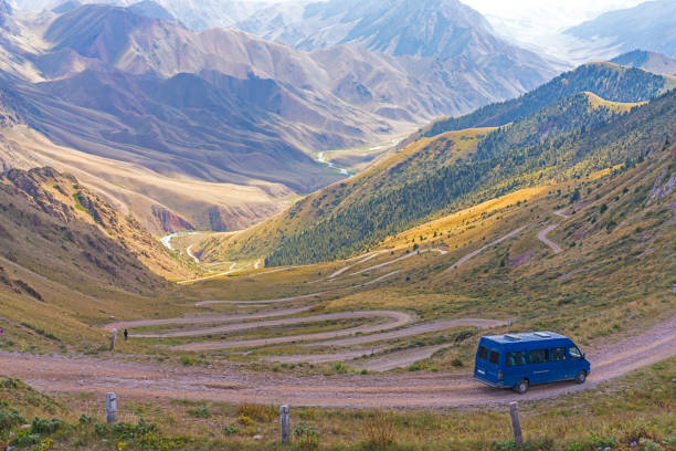 istock Van on roaed while man is walking down the  33 parrots pass in Kyrgyzstan 1147762717