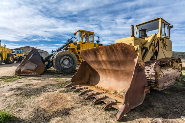 Fleet of excavator machines for rent or sale Heavy machinery for construction construction machinery stock pictures, royalty-free photos & images