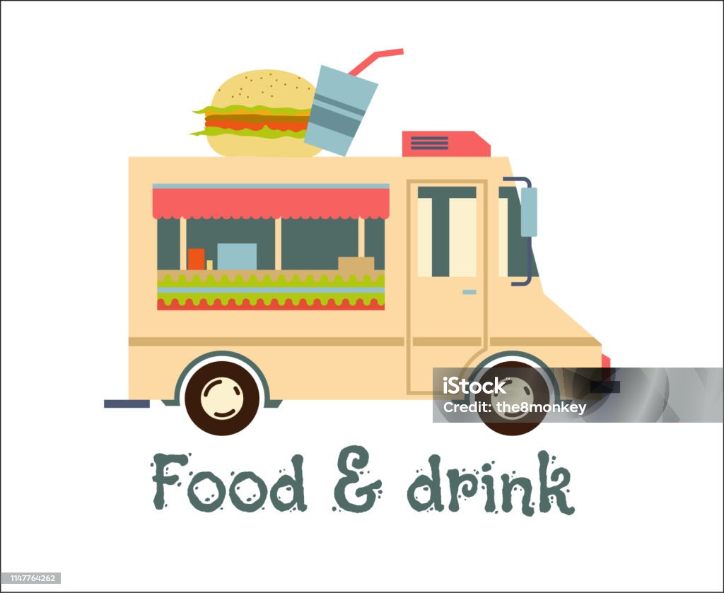 Fast Food Trailer with burger Isolated on white. Street food car, mobile kitchen, restaurant Fast Food Trailer with burger Isolated on white. Street food car, mobile kitchen, restaurant. Beef stock vector
