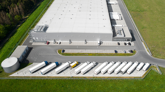 Loading bay, industrial building, logistics - aerial view