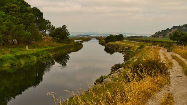 istock Narrow canal winding into the distance 1147765443