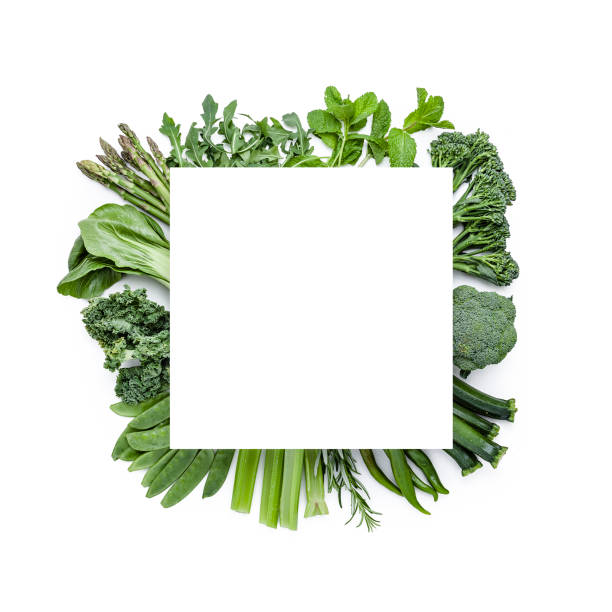green vegetables shot from above with copy space. detox food - arugula freshness food herb imagens e fotografias de stock