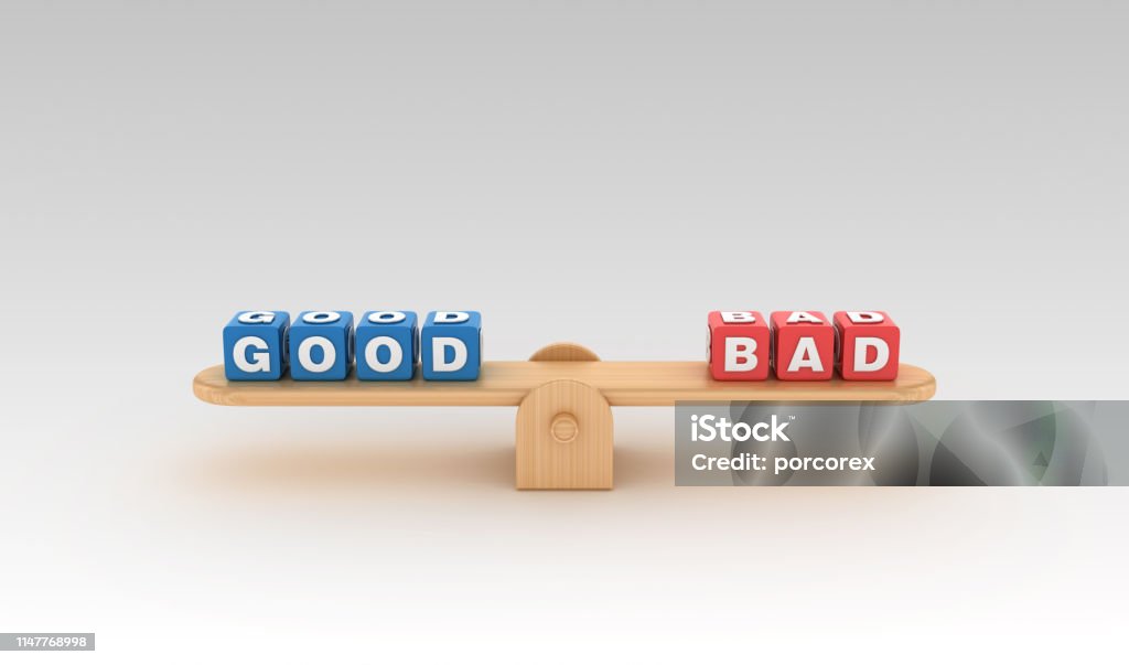 Seesaw with GOOD BAD Buzzword Cubes - 3D Rendering Seesaw with GOOD BAD Buzzword Cubes - Gradient Background - 3D Rendering Positive Emotion Stock Photo