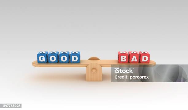 Seesaw With Good Bad Buzzword Cubes 3d Rendering Stock Photo - Download Image Now - Positive Emotion, Negative Emotion, Evil