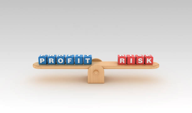istock Seesaw with PROFIT RISK Buzzword Cubes - 3D Rendering 1147769001