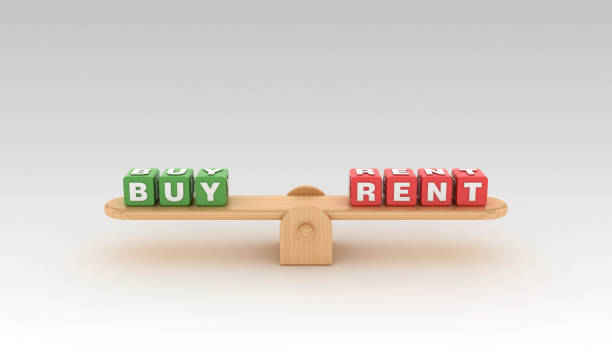 istock Seesaw with BUY RENT Buzzword Cubes - 3D Rendering 1147769022