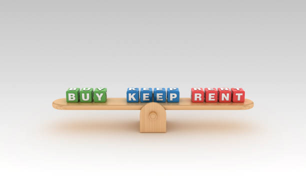 istock Seesaw with BUY KEEP RENT Buzzword Cubes - 3D Rendering 1147769024