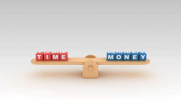 istock Seesaw with TIME MONEY Buzzword Cubes - 3D Rendering 1147769036