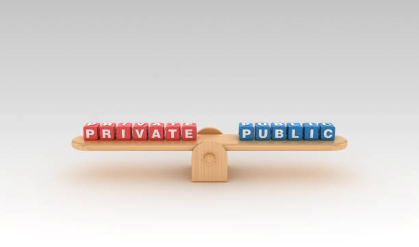 istock Seesaw with PRIVATE PUBLIC Buzzword Cubes - 3D Rendering 1147769052