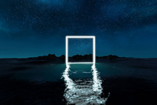istock 3d rendering of blue lighten square shape on water at night 1147769296