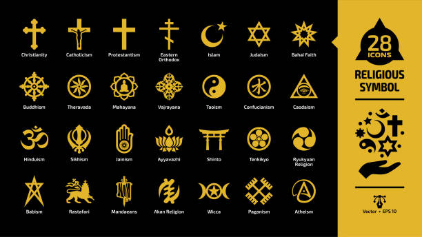 illustrations, cliparts, dessins animés et icônes de icône religieuse symbole jaune situé sur un fond noir avec croix chrétienne, croissant de l’islam et étoile, étoile du judaïsme de david, taoïsme yin et yang, shinto torii gate religion glyphe signe. - monotheist