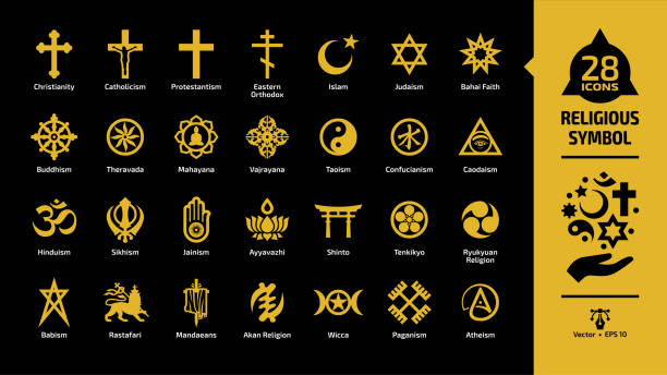 религиозный символ желтой иконы установлен на черном фоне с христианским крестом, ислам полумесяца и звезды, иудаизм звезда давида, даосиз� - monotheist stock illustrations